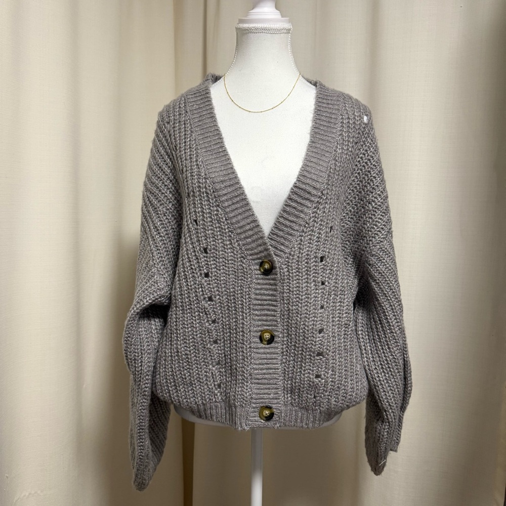 H&M Gray V-Neck Chunky Knit Cardigan Sweater